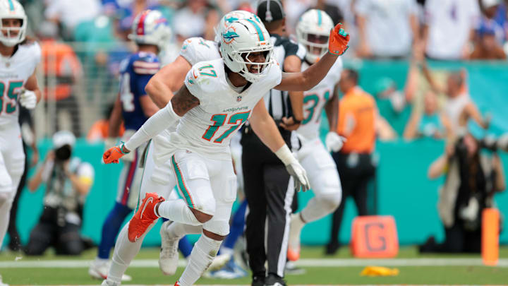 Miami Dolphins wide receiver Jaylen Waddle (17) celebrates after a touchdown during the first half against the Buffalo Bills at Hard Rock Stadium. 