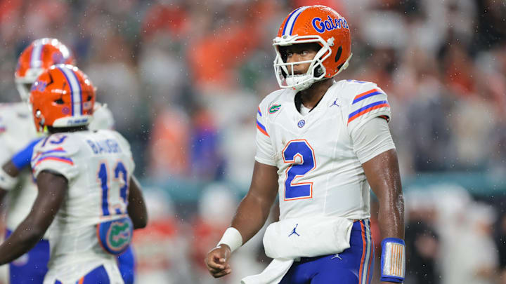 Sep 20, 2025; Miami Gardens, Florida, USA; Florida Gators quarterback DJ Lagway (2) looks on from the field against the Miami Hurricanes during the first quarter at Hard Rock Stadium. Mandatory Credit: Sam Navarro-Imagn Images Sep 20, 2025; Miami Gardens, Florida, USA; Florida Gators quarterback DJ Lagway (2) looks on from the field against the Miami Hurricanes during the first quarter at Hard Rock Stadium. Mandatory Credit: Sam Navarro-Imagn Images