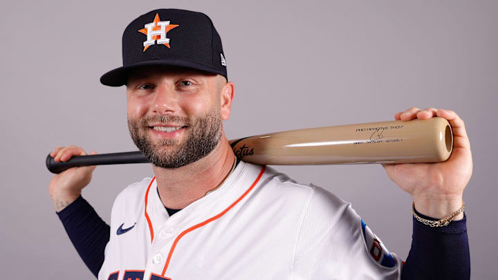Feb 20, 2025; West Palm Beach, FL, USA;  Houston Astros first base Christian Walker (8) poses for a photo at the Houston Astros media day. Mandatory Credit: Reinhold Matay-Imagn Images