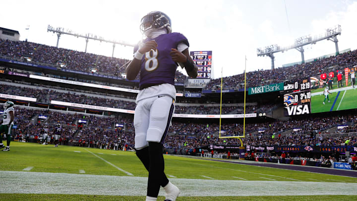 Nov 23, 2025; Baltimore, Maryland, USA; Baltimore Ravens quarterback Lamar Jackson (8) looks on during the fourth quarter against the New York Jets at M&T Bank Stadium. 