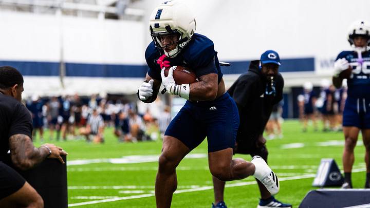 Penn State NIttany Lions running back James Peoples runs through a drill during a practice session inside Holuba Hall. 
