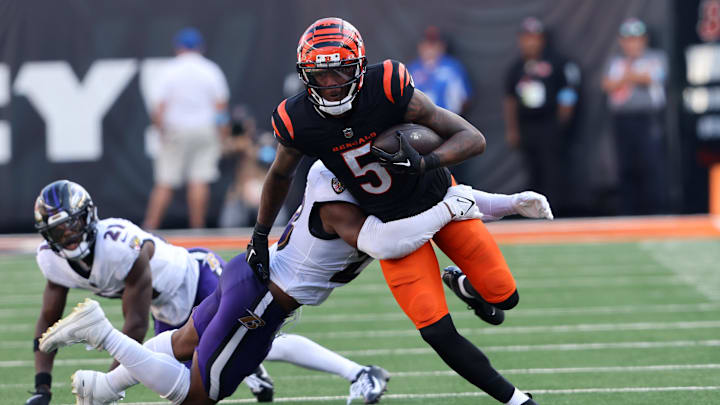 Oct 6, 2024; Cincinnati, Ohio, USA; Cincinnati Bengals wide receiver Tee Higgins (5) runs after making a catch during the second half against the Baltimore Ravens at Paycor Stadium. Mandatory Credit: Joseph Maiorana-Imagn Images Oct 6, 2024; Cincinnati, Ohio, USA; Cincinnati Bengals wide receiver Tee Higgins (5) runs after making a catch during the second half against the Baltimore Ravens at Paycor Stadium. Mandatory Credit: Joseph Maiorana-Imagn Images