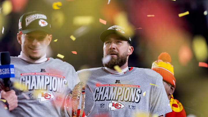 Jan 26, 2025; Kansas City, MO, USA; Confetti falls as Kansas City Chiefs tight end Travis Kelce (right) celebrates with quarterback Patrick Mahomes after defeating the Buffalo Bills during the AFC Championship game at GEHA Field at Arrowhead Stadium. Mandatory Credit: Mark J. Rebilas-Imagn Images Jan 26, 2025; Kansas City, MO, USA; Confetti falls as Kansas City Chiefs tight end Travis Kelce (right) celebrates with quarterback Patrick Mahomes after defeating the Buffalo Bills during the AFC Championship game at GEHA Field at Arrowhead Stadium. Mandatory Credit: Mark J. Rebilas-Imagn Images