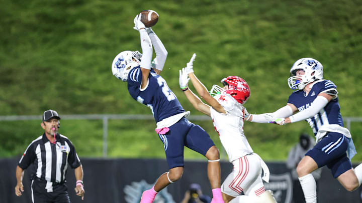 Canyon West Plains' Kane White-Tinsley (25) intercepts the ball in a District 2-4A Division 2 game against Perryton, Thursday night, October 19, 2023, at Happy State Bank Stadium, in Canyon, Texas. West Plains won 72-6. He's one of the top returning safeties this year. 