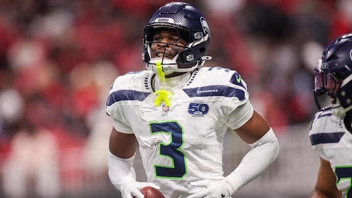 Seattle Seahawks safety Nick Emmanwori celebrates after an interception against the Atlanta Falcons.