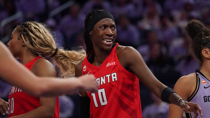 Oct 19, 2026; San Francisco, California, USA;  Atlanta Dream guard Rhyne Howard (10) looks back at a Golden State Valkyries player in the fourth quarter of game two of the 2026 WNBA Finals at Chase Center.  Mandatory Credit: David Gonzales-Imagn Images