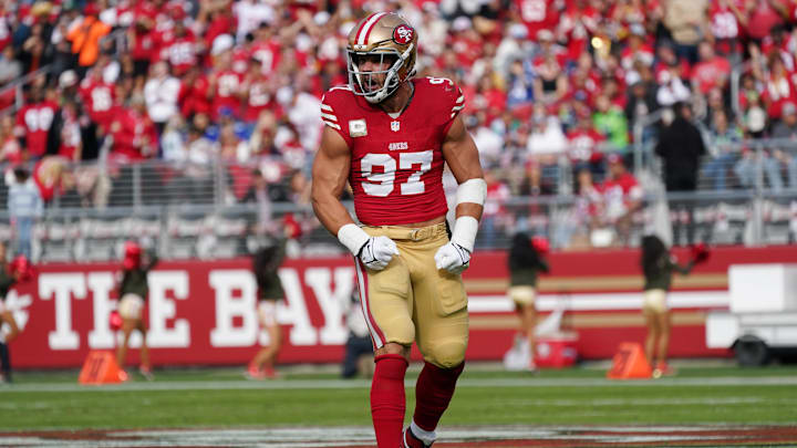 Nov 17, 2024; Santa Clara, California, USA; San Francisco 49ers defensive end Nick Bosa (97) celebrates after sacking Seattle Seahawks quarterback Geno Smith (7) in the first quarter at Levi's Stadium.
