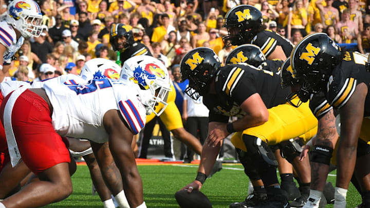 Sep 6, 2025; Columbia, Missouri, USA; A shot from the line of scrimmage during the second half of the Border War between the Missouri Tigers and Kansas Jayhawks at Faurot Field at Memorial Stadium.