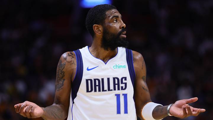 Apr 10, 2024; Miami, Florida, USA; Dallas Mavericks guard Kyrie Irving (11) reacts against the Miami Heat during the third quarter at Kaseya Center. Mandatory Credit: Sam Navarro-USA TODAY Sports Apr 10, 2024; Miami, Florida, USA; Dallas Mavericks guard Kyrie Irving (11) reacts against the Miami Heat during the third quarter at Kaseya Center. Mandatory Credit: Sam Navarro-USA TODAY Sports