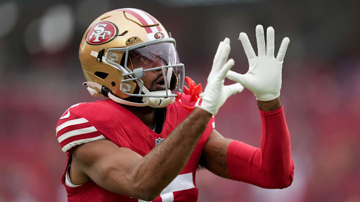 Dec 14, 2025; Santa Clara, California, USA;  San Francisco 49ers wide receiver Jauan Jennings (15) warms up prior to the first half against the Tennessee Titans at Levi's Stadium. Mandatory Credit: Cary Edmondson-Imagn Images