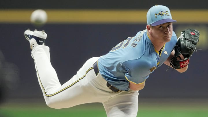 Milwaukee Brewers pitcher Quinn Priester (46) throws during the first inning of their game against the Cincinnati Reds Friday, September 26, 2025 at American Family Field in Milwaukee, Wisconsin.