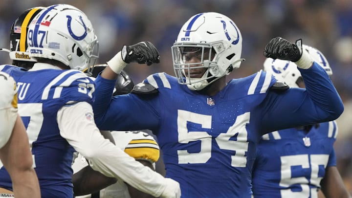 Sep 29, 2024; Indianapolis, Indiana, USA; Indianapolis Colts defensive end Dayo Odeyingbo (54) reacts to a play Sunday, Sept. 29, 2024, during a game against the Pittsburgh Steelers at Lucas Oil Stadium. Mandatory Credit: Christine Tannous-USA TODAY Network via Imagn Images