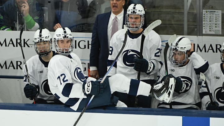 Oct 10, 2025; University Park, PA, USA; Penn State Nittany Lions forward Gavin McKenna (72) heads to the bench against Clarkson Golden Knights in the first period of a game at Pegula Ice Arena. Mandatory Credit: Barry Reeger-Imagn Images Oct 10, 2025; University Park, PA, USA; Penn State Nittany Lions forward Gavin McKenna (72) heads to the bench against Clarkson Golden Knights in the first period of a game at Pegula Ice Arena. Mandatory Credit: Barry Reeger-Imagn Images