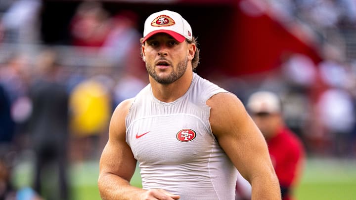 Oct 27, 2024; Santa Clara, California, USA;  San Francisco 49ers defensive end Nick Bosa (97) during warmups before the game against the Dallas Cowboys  at Levi's Stadium. Mandatory Credit: Neville E. Guard-Imagn Images