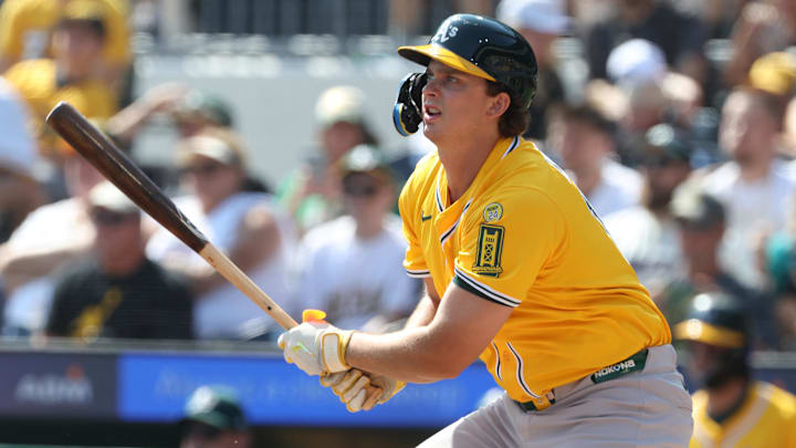 Sep 21, 2025; Pittsburgh, Pennsylvania, USA; Athletics first baseman Nick Kurtz (16) hits a single against the Pittsburgh Pirates during the first inning at PNC Park. Mandatory Credit: Charles LeClaire-Imagn Images Sep 21, 2025; Pittsburgh, Pennsylvania, USA; Athletics first baseman Nick Kurtz (16) hits a single against the Pittsburgh Pirates during the first inning at PNC Park. Mandatory Credit: Charles LeClaire-Imagn Images