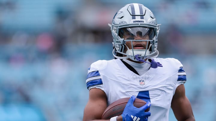 Oct 12, 2025; Charlotte, North Carolina, USA; Dallas Cowboys wide receiver Jalen Tolbert (1) warms up before the game against the Carolina Panthers at Bank of America Stadium. Mandatory Credit: Scott Kinser-Imagn Images Oct 12, 2025; Charlotte, North Carolina, USA; Dallas Cowboys wide receiver Jalen Tolbert (1) warms up before the game against the Carolina Panthers at Bank of America Stadium. Mandatory Credit: Scott Kinser-Imagn Images