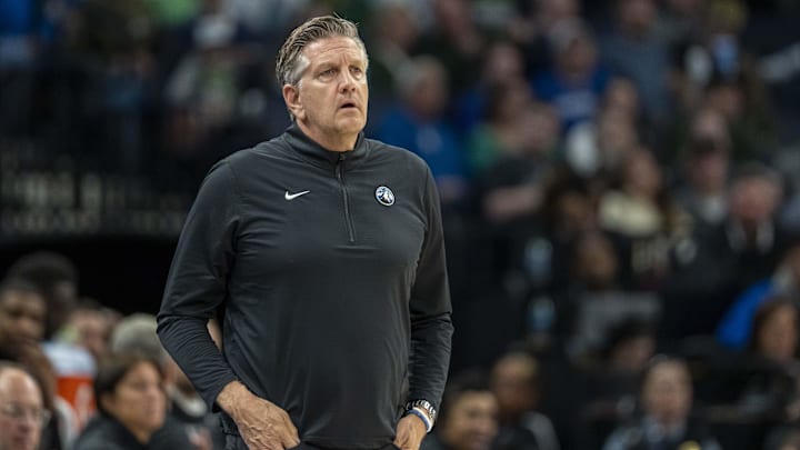 Mar 17, 2025; Minneapolis, Minnesota, USA; Minnesota Timberwolves head coach Chris Finch looks on against the Indiana Pacers in the first half at Target Center. Mar 17, 2025; Minneapolis, Minnesota, USA; Minnesota Timberwolves head coach Chris Finch looks on against the Indiana Pacers in the first half at Target Center.