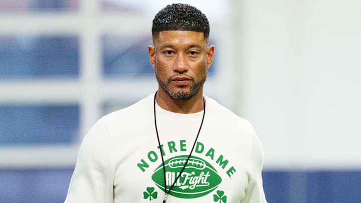 Head coach Marcus Freeman during a Notre Dame football practice at Irish Athletic Center on Saturday, April 18, 2026, in South Bend.