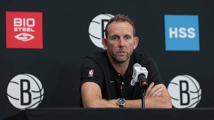 Sep 26, 2022; Brooklyn, NY, USA; Brooklyn Nets general manager Sean Marks talks to the media during media day at HSS Training Center. Mandatory Credit: Vincent Carchietta-Imagn Images