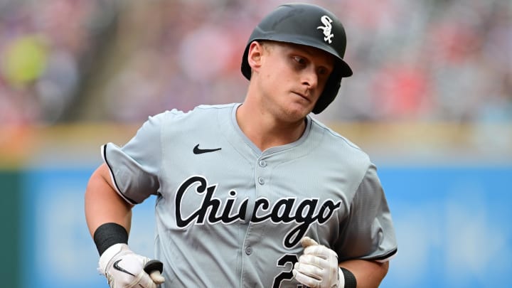 Jul 2, 2024; Cleveland, Ohio, USA; Chicago White Sox first baseman Andrew Vaughn (25) rounds the bases after hitting a home run during the first inning against the Cleveland Guardians at Progressive Field. Mandatory Credit: Ken Blaze-USA TODAY Sports