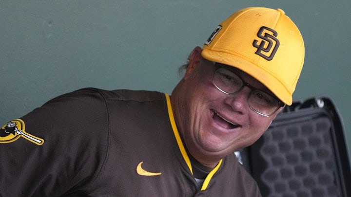 Mar 18, 2025; Scottsdale, Arizona, USA; San Diego Padres manager Mike Shildt (8) gets ready for a game against the San Francisco Giants at Scottsdale Stadium. Mandatory Credit: Rick Scuteri-Imagn Images Mar 18, 2025; Scottsdale, Arizona, USA; San Diego Padres manager Mike Shildt (8) gets ready for a game against the San Francisco Giants at Scottsdale Stadium. Mandatory Credit: Rick Scuteri-Imagn Images