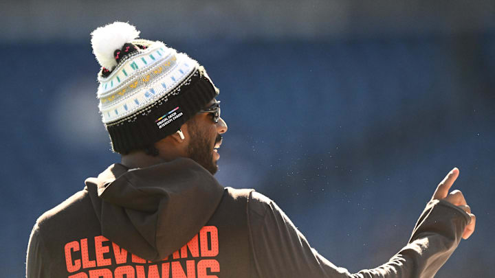 Oct 26, 2025; Foxborough, Massachusetts, USA;  Cleveland Browns quarterback Shedeur Sanders (12) looks on during warm up prior to the game against the New England Patriots at Gillette Stadium. Mandatory Credit: Brian Fluharty-Imagn Images
