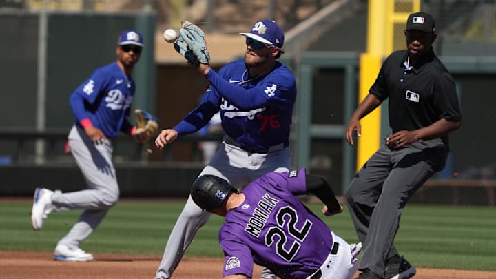 Mar 2, 2026; Salt River Pima-Maricopa, Arizona, USA; Colorado Rockies right fielder Mickey Moniak steals second base under Los Angeles Dodgers shortstop Alex Freeland (76) in the second inning at Salt River Fields at Talking Stick. Mandatory Credit: Rick Scuteri-Imagn Images Mar 2, 2026; Salt River Pima-Maricopa, Arizona, USA; Colorado Rockies right fielder Mickey Moniak steals second base under Los Angeles Dodgers shortstop Alex Freeland (76) in the second inning at Salt River Fields at Talking Stick. Mandatory Credit: Rick Scuteri-Imagn Images