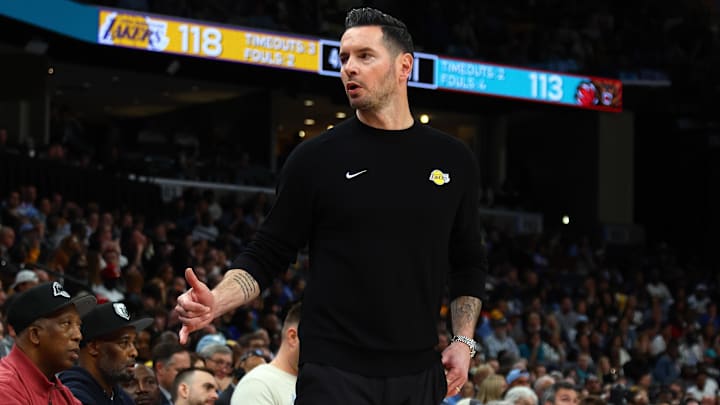 Mar 29, 2025; Memphis, Tennessee, USA: Los Angeles Lakers head coach JJ Redick reacts during the fourth quarter against the Memphis Grizzlies at FedExForum. Mandatory Credit: Petre Thomas-Imagn Images