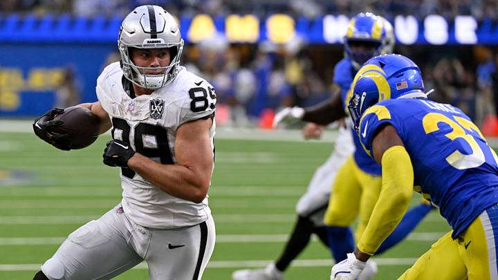 Las Vegas Raiders tight end Brock Bowers and Los Angeles Rams safety Quentin Lake