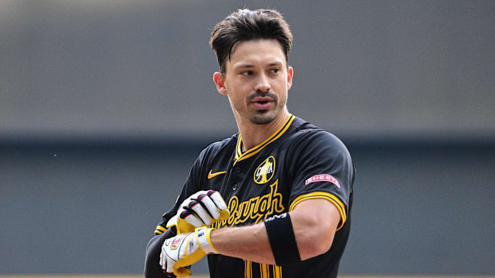 Aug 12, 2025; Milwaukee, Wisconsin, USA;  Pittsburgh Pirates right fielder Bryan Reynolds (10) reacts after being called out on strikes in the first inning against the Milwaukee Brewers at American Family Field. Mandatory Credit: Benny Sieu-Imagn Images
