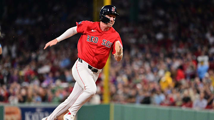 Sep 27, 2024; Boston, Massachusetts, USA; Boston Red Sox third baseman Nick Sogard (75) runs to third base during third inning against the Tampa Bay Rays at Fenway Park. Mandatory Credit: Eric Canha-Imagn Images Sep 27, 2024; Boston, Massachusetts, USA; Boston Red Sox third baseman Nick Sogard (75) runs to third base during third inning against the Tampa Bay Rays at Fenway Park. Mandatory Credit: Eric Canha-Imagn Images