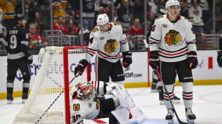Dec 6, 2025; Los Angeles, California, USA; Chicago Blackhawks goaltender Spencer Knight (30), defenseman Wyatt Kaiser (44), and right wing Ilya Mikheyev (95) react after failing to defend a goal against the Los Angeles Kings during the second period at Crypto.com Arena. Mandatory Credit: Jonathan Hui-Imagn Images Dec 6, 2025; Los Angeles, California, USA; Chicago Blackhawks goaltender Spencer Knight (30), defenseman Wyatt Kaiser (44), and right wing Ilya Mikheyev (95) react after failing to defend a goal against the Los Angeles Kings during the second period at Crypto.com Arena. Mandatory Credit: Jonathan Hui-Imagn Images