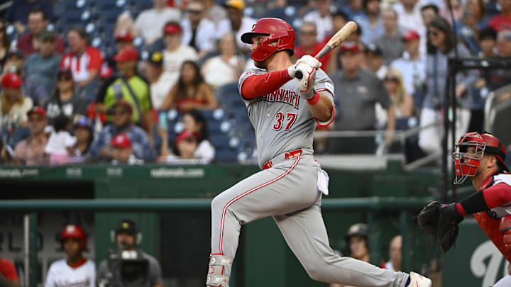 Jul 22, 2025; Washington, District of Columbia, USA; Cincinnati Reds catcher Tyler Stephenson (37) singles against the Washington Nationals during the second inning at Nationals Park. Mandatory Credit: Brad Mills-Imagn Images