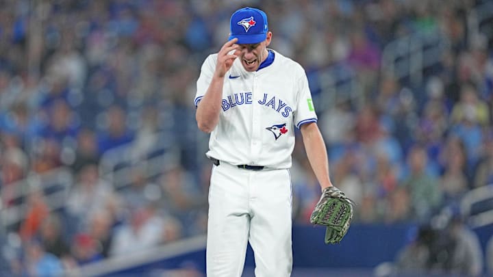 May 1, 2024; Toronto, Ontario, CAN; Toronto Blue Jays starting pitcher Chris Bassitt (40) reacts