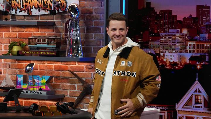 Feb 5, 2026; San Franciso, CA, USA; San Francisco 49ers quarterback Brock Purdy on the Pat McAfee show set at the Super Bowl LX media center at the Moscone Center. Mandatory Credit: Kirby Lee-Imagn Images