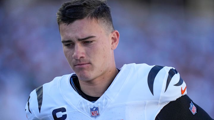 Cincinnati Bengals place kicker Evan McPherson (2) runs off between plays in the third quarter of the NFL Week 8 game between the Cincinnati Bengals and the Philadelphia Eagles at Paycor Stadium in downtown Cincinnati on Sunday, Oct. 27, 2024. The Bengals fell to 3-5 on the season with a 37-17 loss to the Eagles at home.