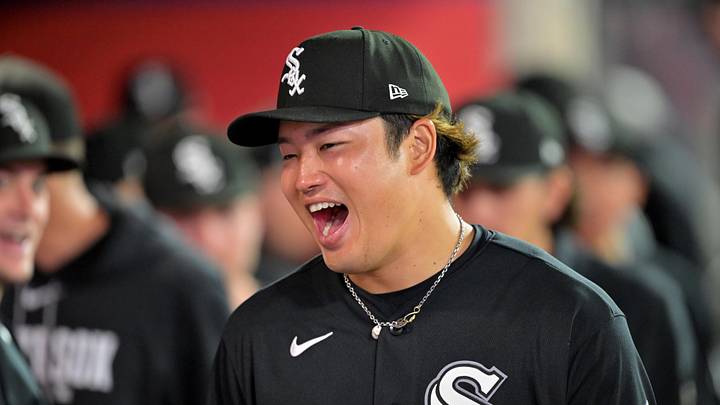 May 4, 2026; Anaheim, California, USA;  Chicago White Sox first baseman Munetaka Murakami (5) in the dugout after defeating the Los Angeles Angels at Angel Stadium. Mandatory Credit: Jayne Kamin-Oncea-Imagn Images