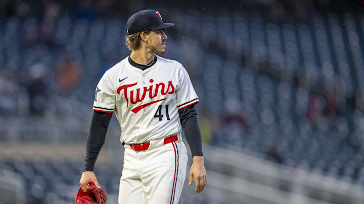 Apr 14, 2025; Minneapolis, Minnesota, USA; Minnesota Twins starting pitcher Joe Ryan (41) reacts after getting the final out of the fourth inning against the New York Mets at Target Field.