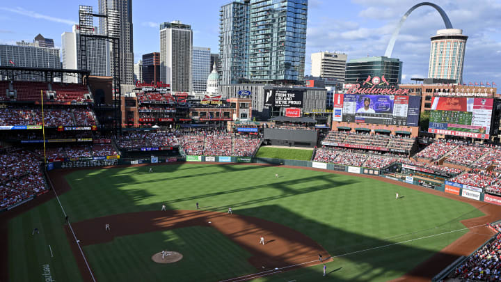 Aug 5, 2023; St. Louis, Missouri, USA; A general view of Busch Stadium during the first inning of a game between the St. Louis Cardinals and the Colorado Rockies. Mandatory Credit: Jeff Curry-USA TODAY Sports Aug 5, 2023; St. Louis, Missouri, USA; A general view of Busch Stadium during the first inning of a game between the St. Louis Cardinals and the Colorado Rockies. Mandatory Credit: Jeff Curry-USA TODAY Sports