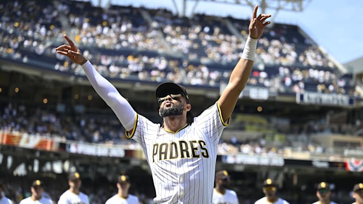 Mar 27, 2025; San Diego, California, USA;  San Diego Padres outfielder Fernando Tatis Jr. (23) comes onto the field before an Opening Day baseball game against the Atlanta Braves at Petco Park. Mandatory Credit: Denis Poroy-Imagn Images