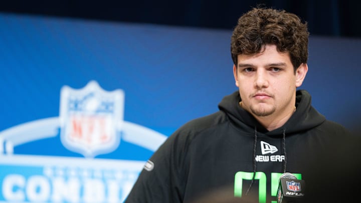 Mar 1, 2025; Indianapolis, IN, USA; Louisiana State University offensive lineman Will Campbell (OL05) answers questions at a press conference during the 2025 NFL Combine at Indiana Convention Center. 