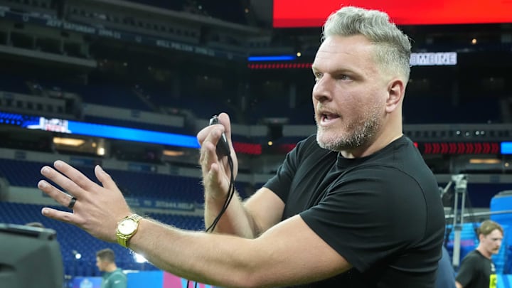 Pat McAfee watches workouts at the 2025 NFL Scouting Combine at Lucas Oil Stadium. 