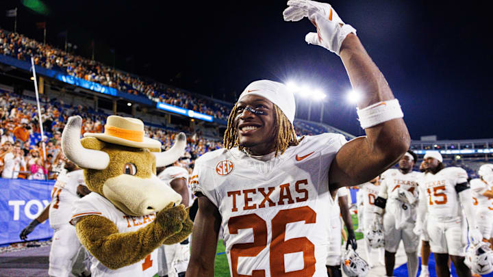 Oct 18, 2025; Lexington, Kentucky, USA; Texas Longhorns linebacker Ty'Anthony Smith (26) celebrates after the game against the Kentucky Wildcats at Kroger Field. Mandatory Credit: Jordan Prather-Imagn Images