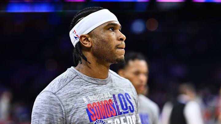 Mar 8, 2024; Philadelphia, Pennsylvania, USA; Philadelphia 76ers guard Ricky Council IV (16) warms up before the game against the New Orleans Pelicans at Wells Fargo Center. Mandatory Credit: Kyle Ross-Imagn Images