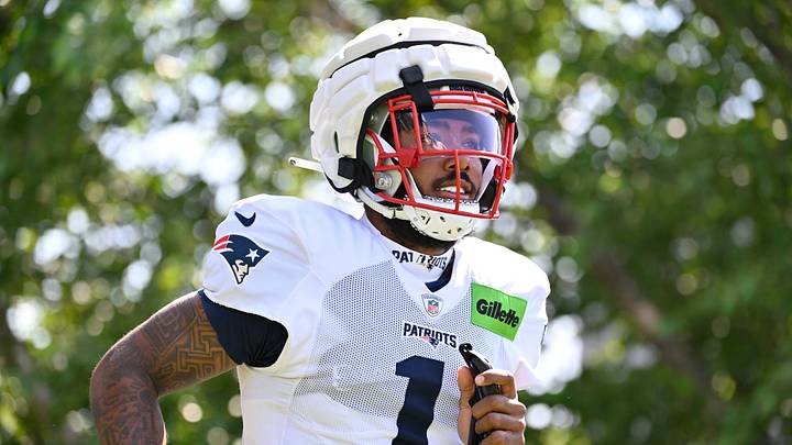 Jul 28, 2025; Foxborough, MA, USA; New England Patriots wide receiver Ja'Lynn Polk (1) heads to the practice fields for training camp at Gillette Stadium. Mandatory Credit: Eric Canha-Imagn Images