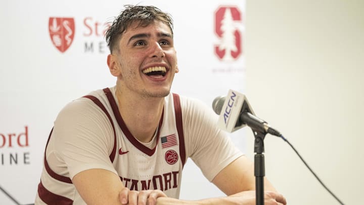 Mar 1, 2025; Stanford, California, USA; Stanford Cardinal forward Maxime Raynaud (42) reacts during a press conference with the media after the game against the Southern Methodist Mustangs at Maples Pavilion. Mandatory Credit: Stan Szeto-Imagn Images Mar 1, 2025; Stanford, California, USA; Stanford Cardinal forward Maxime Raynaud (42) reacts during a press conference with the media after the game against the Southern Methodist Mustangs at Maples Pavilion. Mandatory Credit: Stan Szeto-Imagn Images