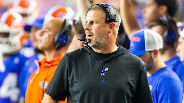 Florida Gators head coach Billy Napier coaches from the sidelines during the second half at Ben Hill Griffin Stadium in Gainesville, FL on Saturday, September 7, 2024 against the Samford Bulldogs. The Florida Gators won 45-7 over the Bulldogs. [Doug Engle/Gainesville Sun]