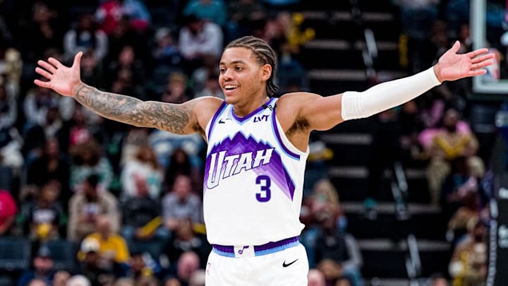 Dec 12, 2025; Memphis, Tennessee, USA; Utah Jazz guard Keyonte George (3) questions the foul call in the second quarter of the game against the Memphis Grizzlies at FedExForum. Mandatory Credit: Matthew Smith-Imagn Images Dec 12, 2025; Memphis, Tennessee, USA; Utah Jazz guard Keyonte George (3) questions the foul call in the second quarter of the game against the Memphis Grizzlies at FedExForum. Mandatory Credit: Matthew Smith-Imagn Images
