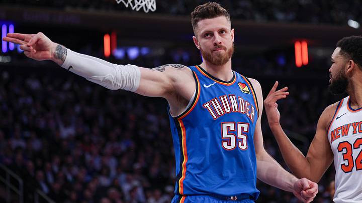 Mar 4, 2026; New York, New York, USA; Oklahoma City Thunder center Isaiah Hartenstein (55) reacts after a call in front of New York Knicks center Karl-Anthony Towns (32) during the first half at Madison Square Garden. Mandatory Credit: Vincent Carchietta-Imagn Images