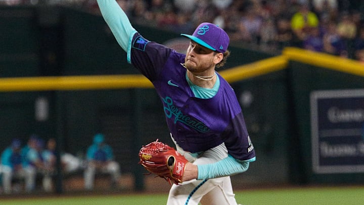 Sep 19, 2025; Phoenix, Arizona, USA;  Arizona Diamondbacks pitcher Ryne Nelson (19) on the mound to start in the first inning against the Philadelphia Phillies at Chase Field. Mandatory Credit: Allan Henry-Imagn Images